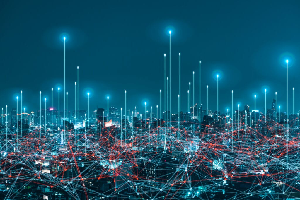 network digital hologram and internet of things on city backgrou